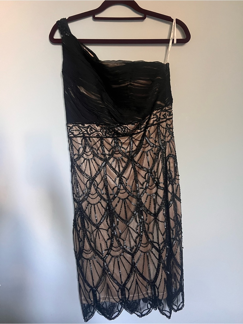 Sue Wong Black Beaded One-Shoulder Dress with Nude Underlayer